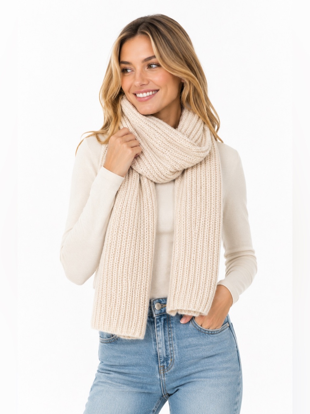 Apparis Cream Ribbed Knit Scarf Neutral Cozy Minimalist NWT